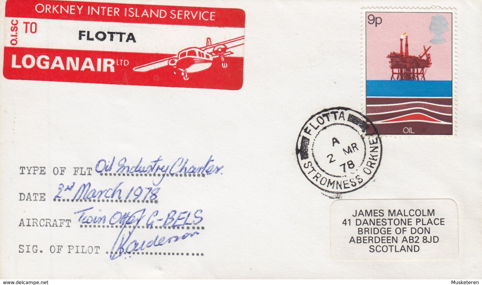 Great Britain ORKNEY INTER ISLAND SERVICE Pilot Autograph FLOTTA Stromness Orkney 1978 Cover Brief Oil Rig Stamp - Covers & Documents