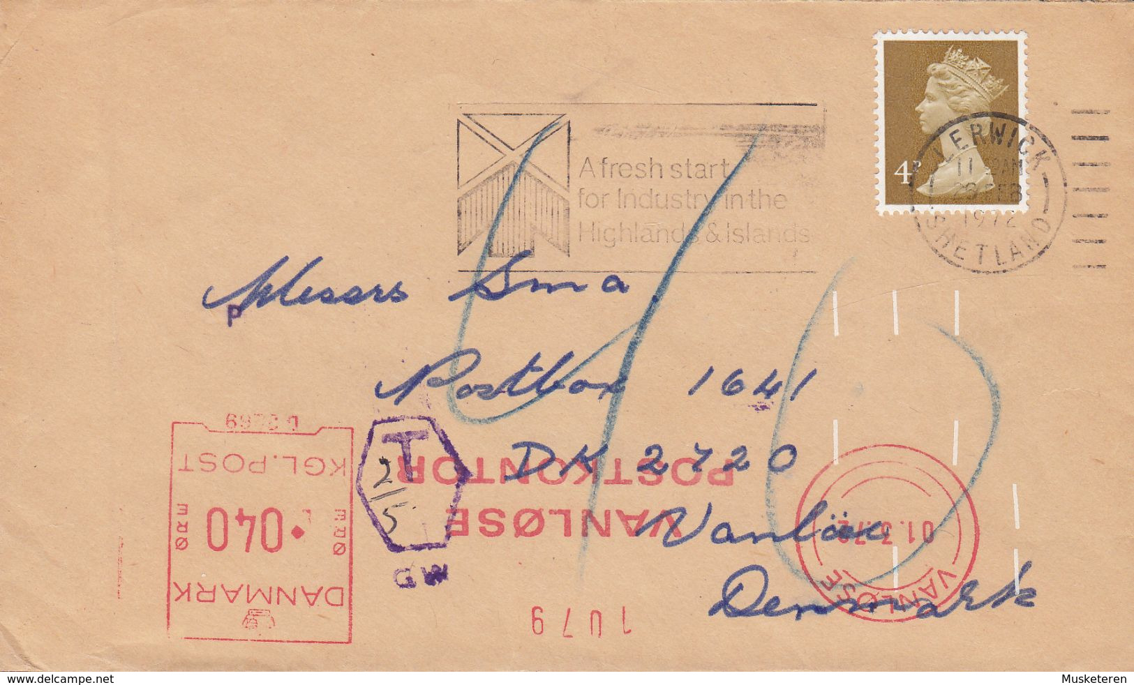 Great Britain Slogan LERWICK Shetland 1972 Cover Brief QEII. TAXE T-Cancelled VANLØSE POSTKONTOR Meter Stamp Denmark - Storia Postale
