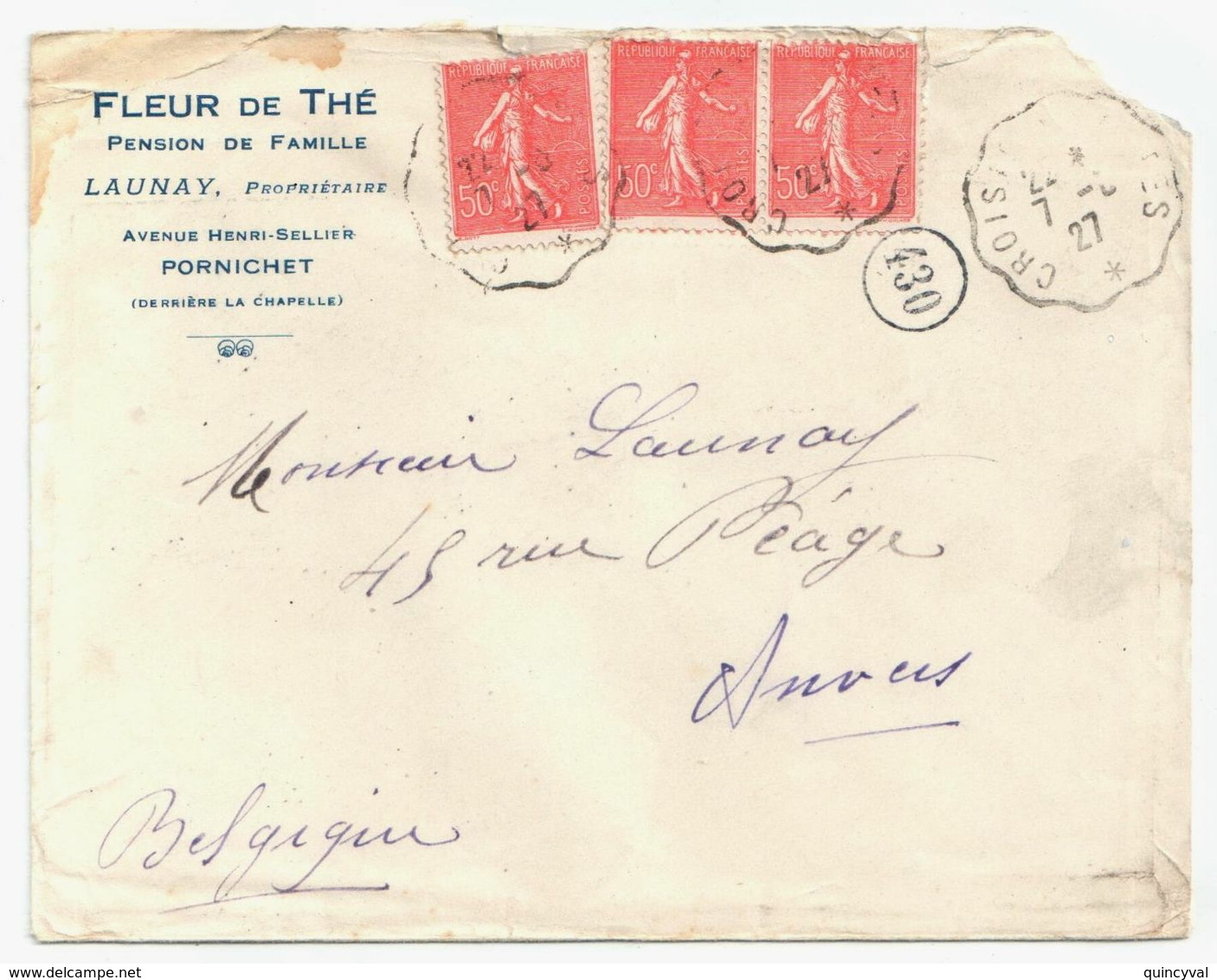 PORNICHET Lettre Entête FLEUR DE THE Launay Pension 50c Semeuse Rouge Yv 199 Ob 1927 Croisic Nantes Dest Anvers Belgique - Lettres & Documents