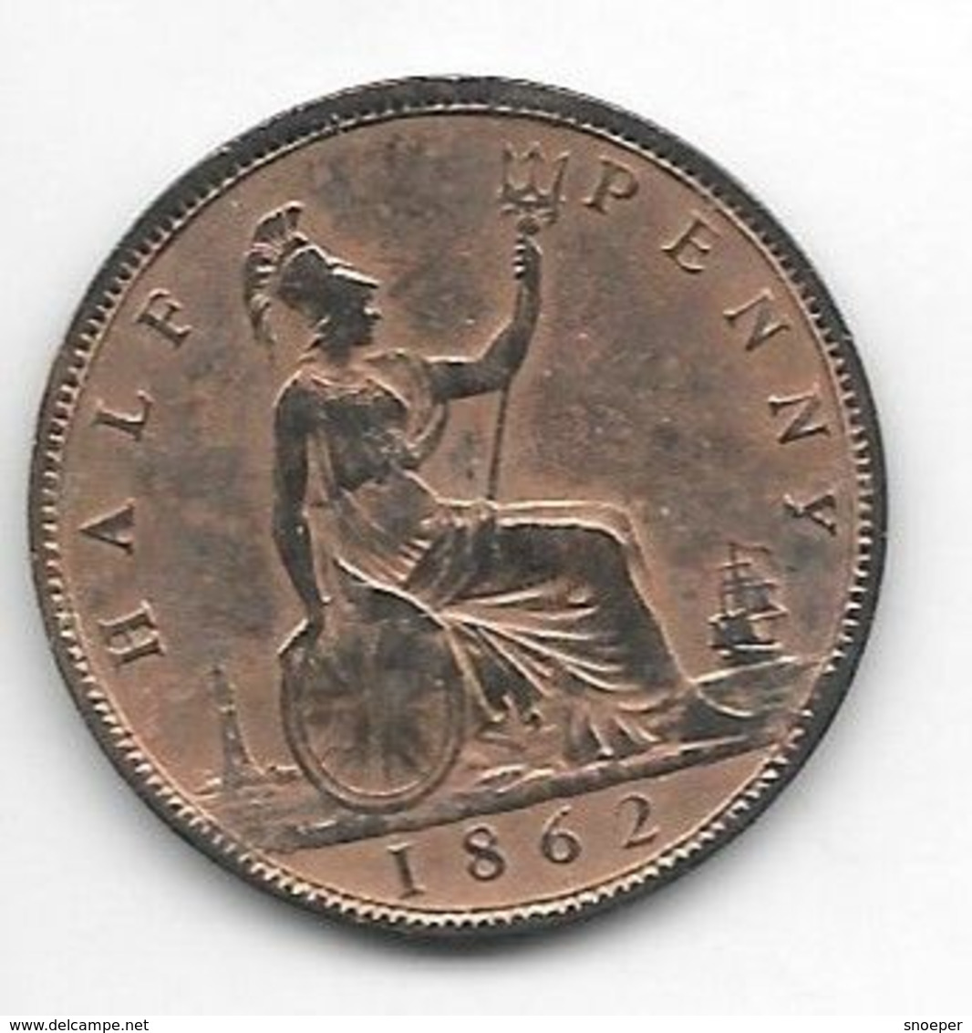 *great Britain 1/2 Penny  1862  Km 748.2   Vf++ Catalog Val 50 $ - C. 1/2 Penny