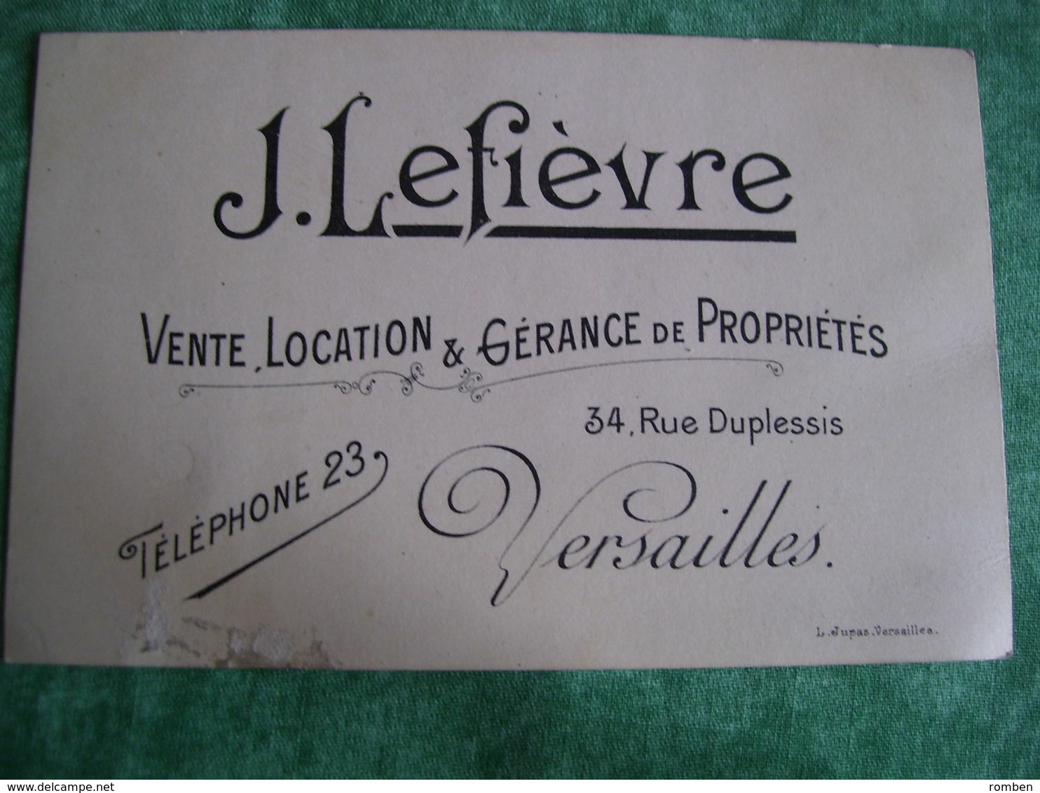 RARE - CARTE DE VISITE - J. LEFIEVRE - VENTE - LOCATION - GÉRANCE DE PROPRETTE  - VERSAILLES - - Visitenkarten