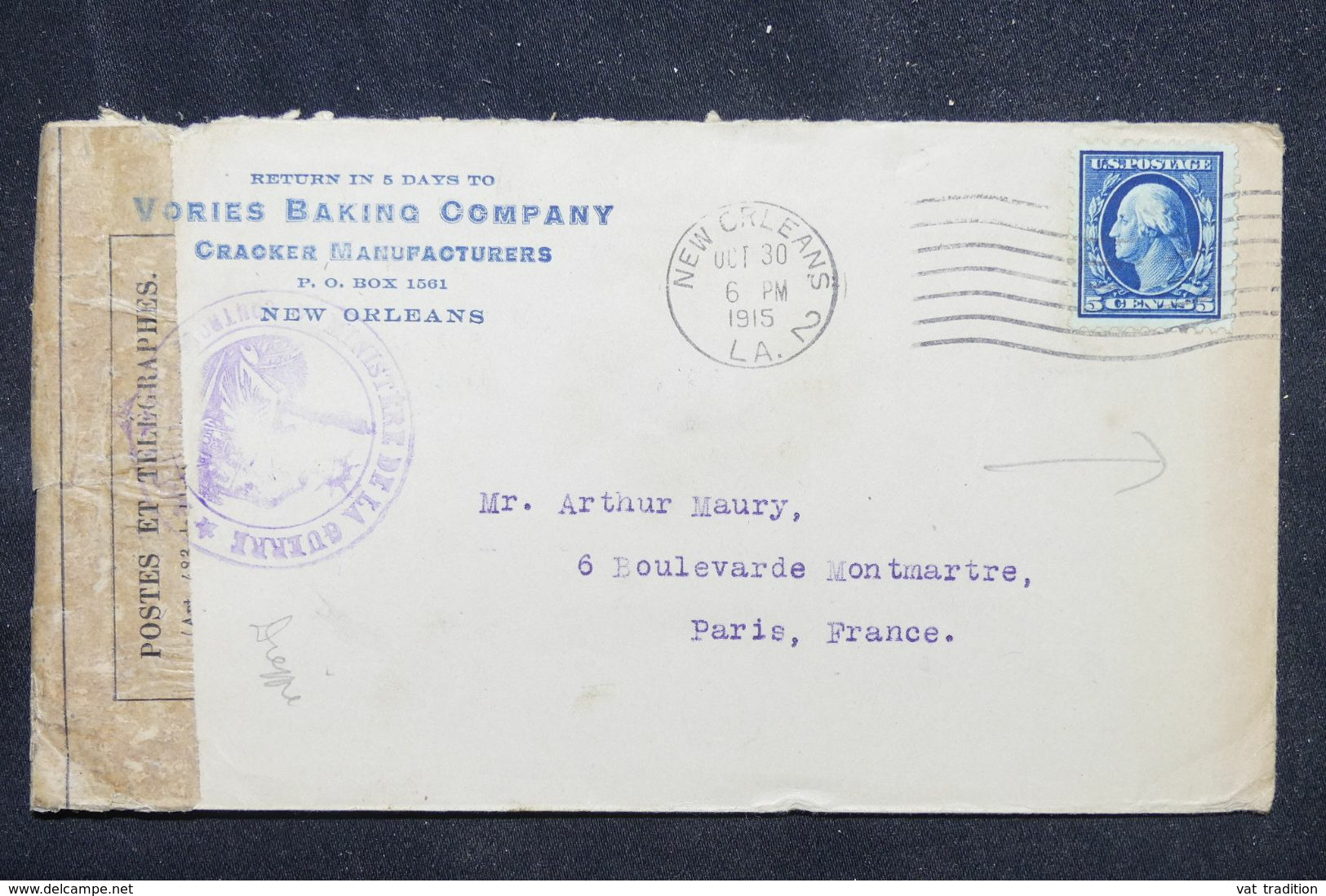 ETATS UNIS - Enveloppe Commerciale De New Orleans En 1915 Pour Paris Avec Contrôle, Vignette Au Verso  - L 69248 - Briefe U. Dokumente