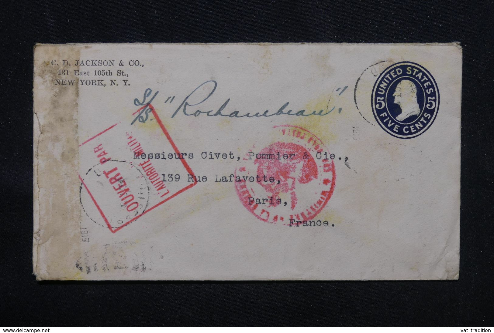 ETATS UNIS - Entier Postal Commercial De New York Pour Paris En 1915 Avec Contrôle Postal - L 69280 - 1901-20