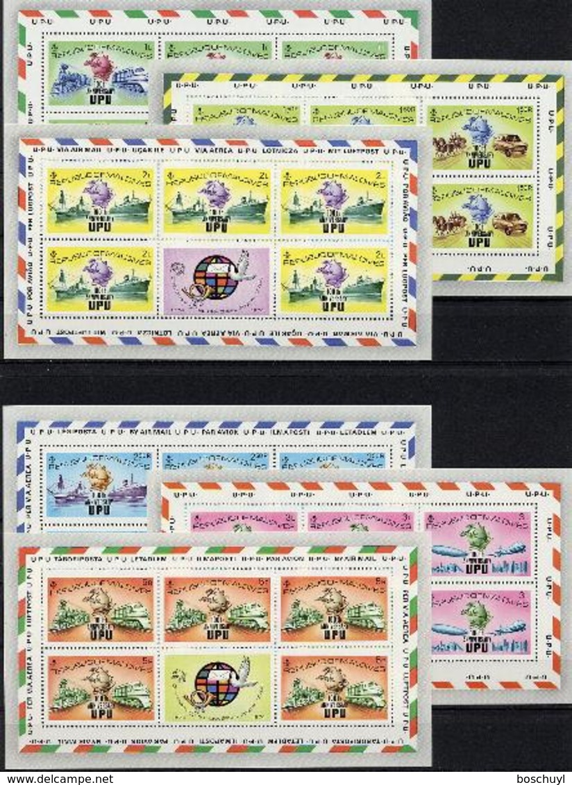 Maldives, 1974, UPU Centenary, Universal Postal Union, United Nations, MNH Sheets, Michel 514A-519A - Maldives (1965-...)