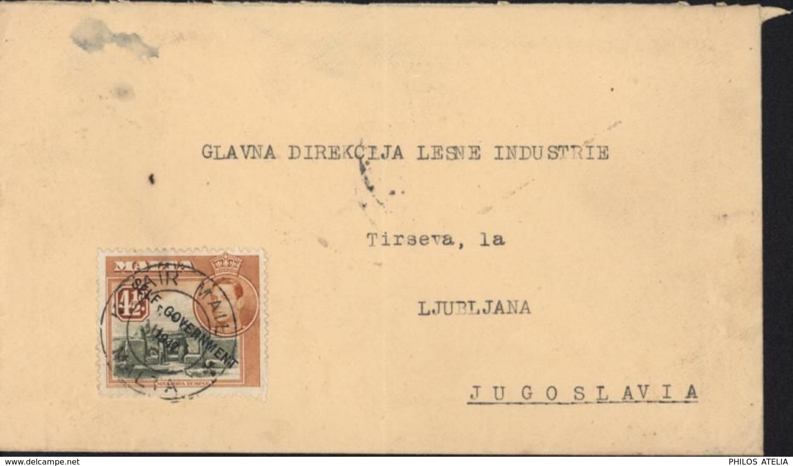 Malta YT 208 Surcharge Self Government 1947 Seul Sur Lettre CAD Air Mail Malta Par Avion Arrivée Ljubljana Jugoslavia - Malta