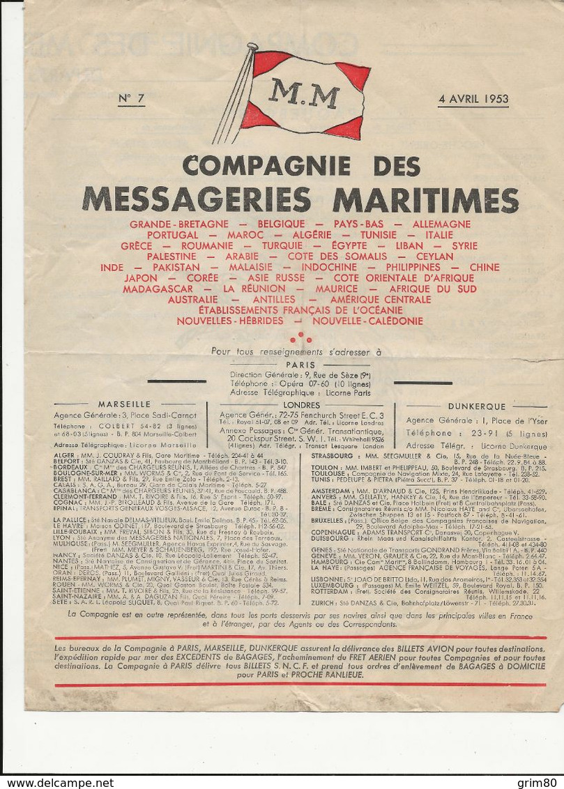 DEPLIANT   COMPAGNIE   DES MESSAGERIES  MARITIMES         AVRIL  1953 - Altri & Non Classificati