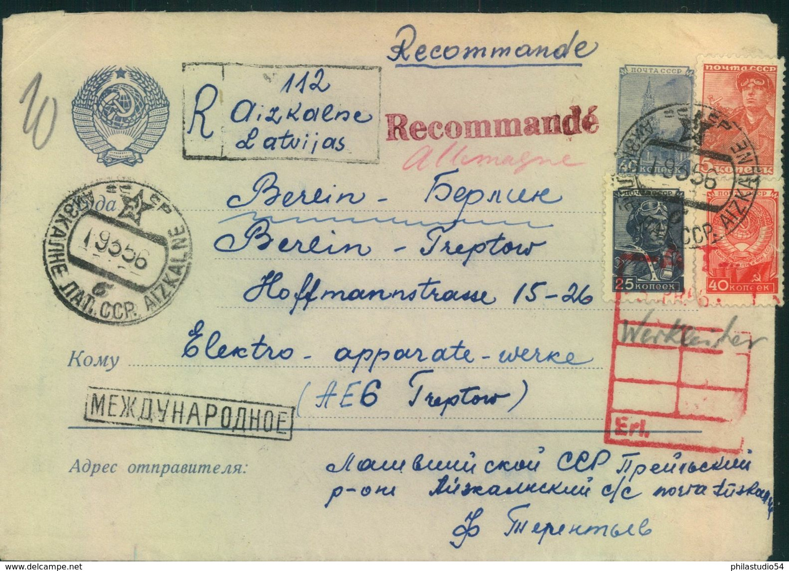 1956, Stationery Cover With Additional Franking Registered From AIZKALNE To Berlin-Treptow - Lettland