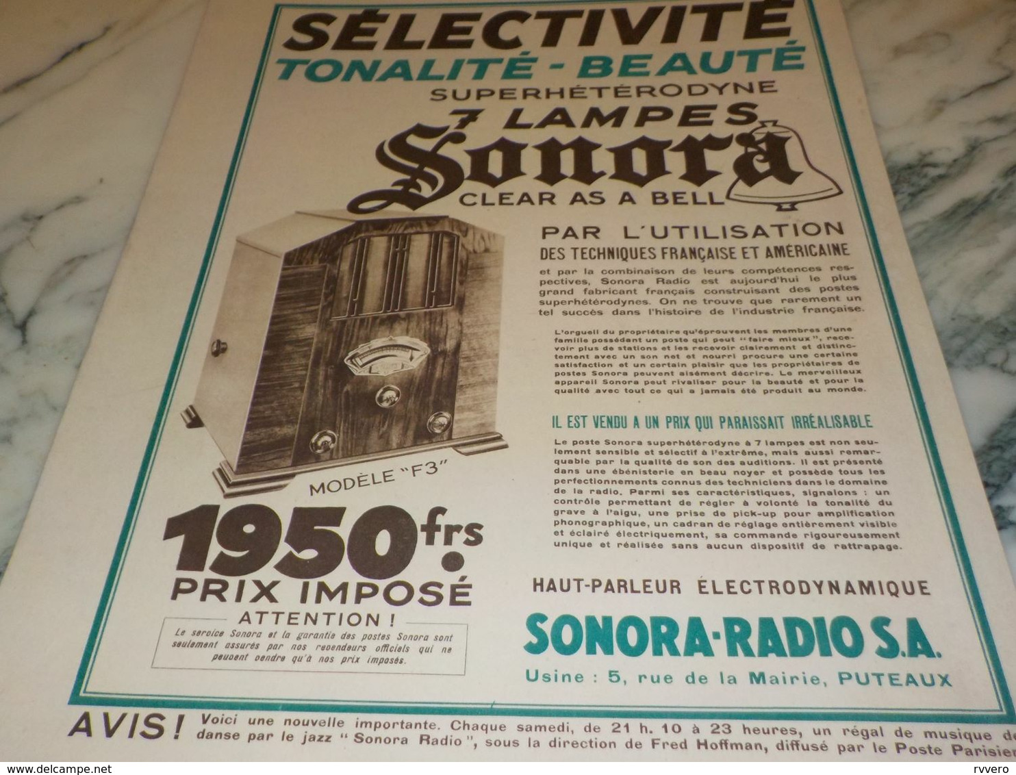 ANCIENNE PUBLICITE SELECTIVITE RADIO SONORA  1932 - Altri & Non Classificati