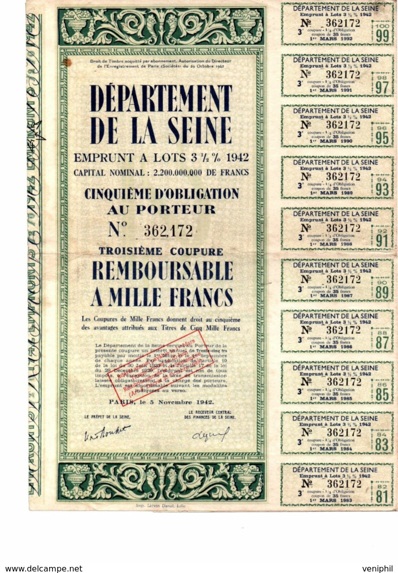 EMPRUNT DEPARTEMENT DE LA SEINE - 3,5 % 1942 - CINQUIEME D'OBLIGATION - - Sonstige & Ohne Zuordnung