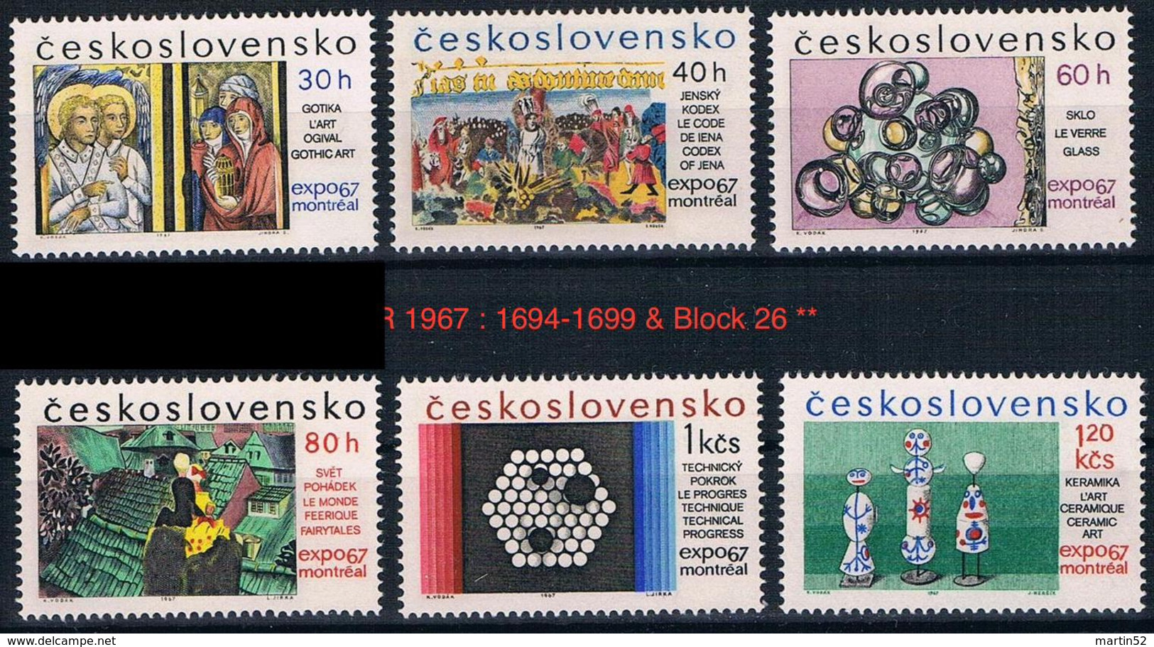 Tschechoslowakei CSSR 1967: Expo Mondiale MONTREAL'67 Michel-N° 1694-99 & Block 26 ** MNH (NOTA BENE) - 1967 – Montreal (Canada)