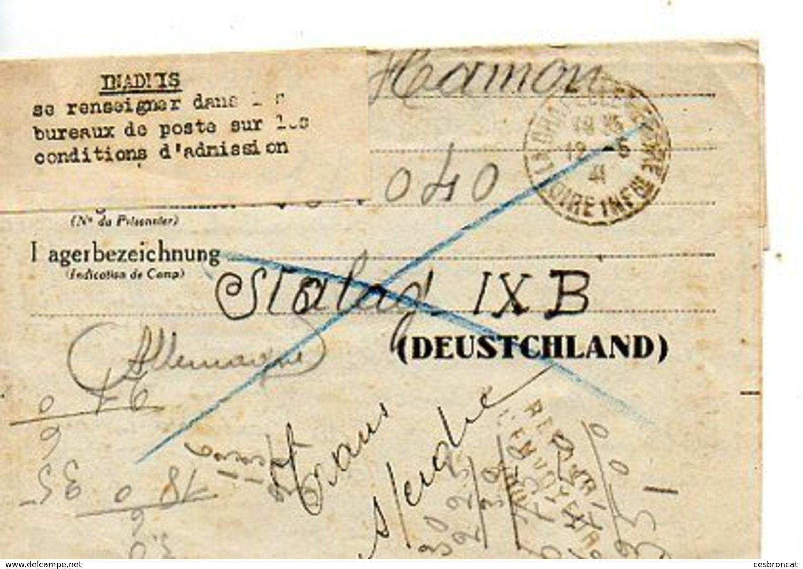 C 20 1941 Lettre Prisonnier De Guerre Stalag IX B Rare étiquette Inadmis - 2. Weltkrieg 1939-1945