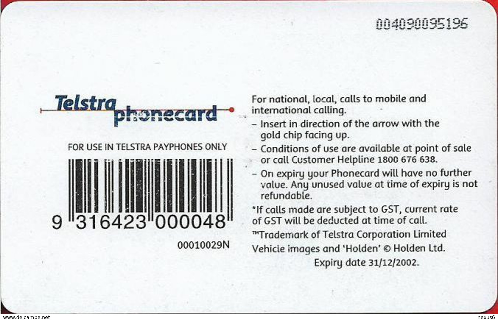 Australia - Telstra (Chip) - Holden Cars - Exp. 31.12.2002. 10$, 85.000ex, Used - Australia