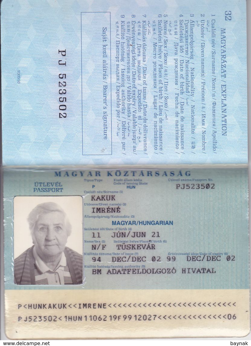 PASSPORT  --   HUNGARY  --   UTLEVEL ( PASSPORT )  --  1999 --  LADY PHOTO - Documentos Históricos