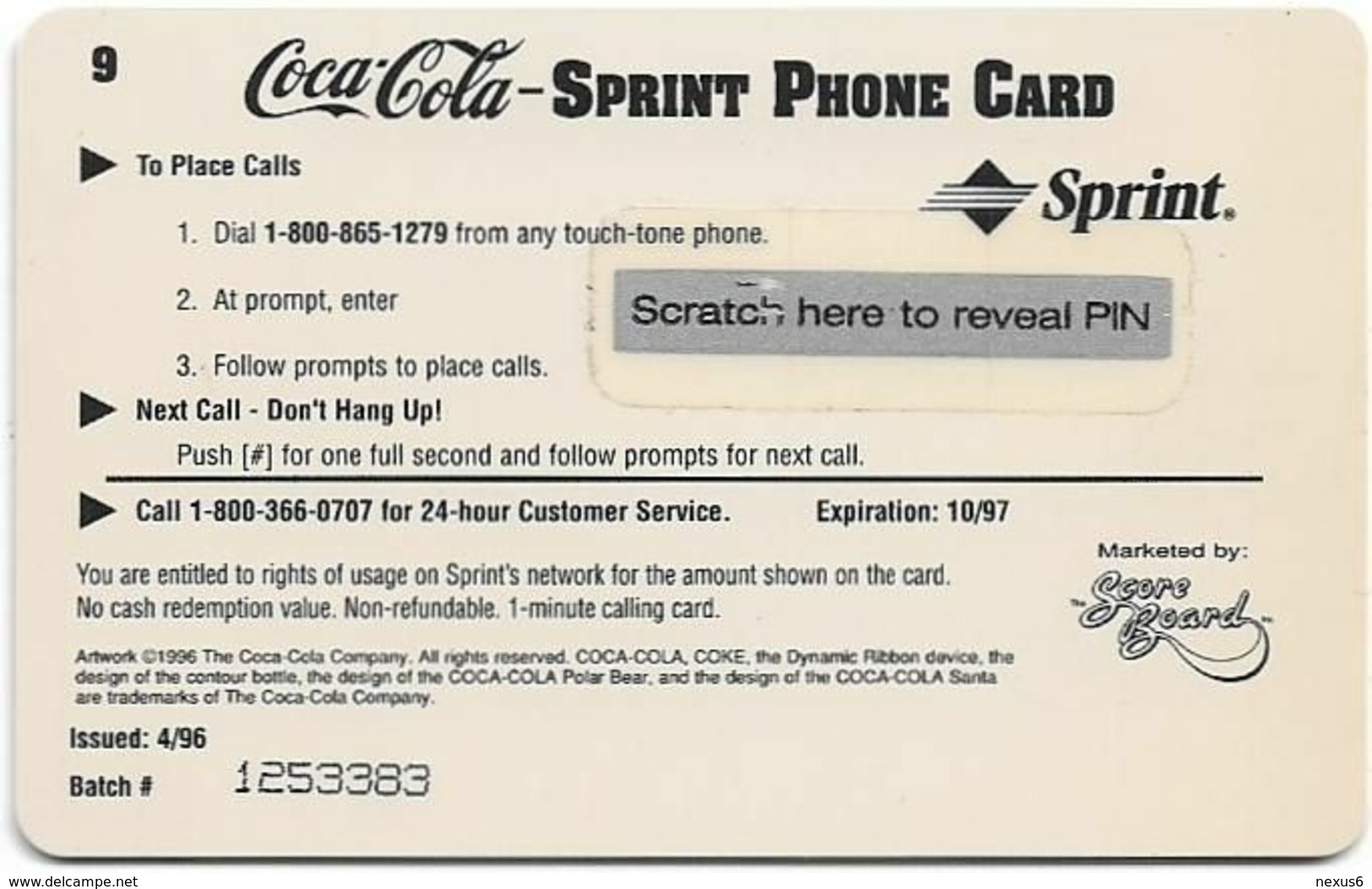 USA - Sprint - Coca Cola Score Board SBI - SBI-679 - Coca Cola #9, Remote Mem. 1$, 04.1996, Mint - Sprint