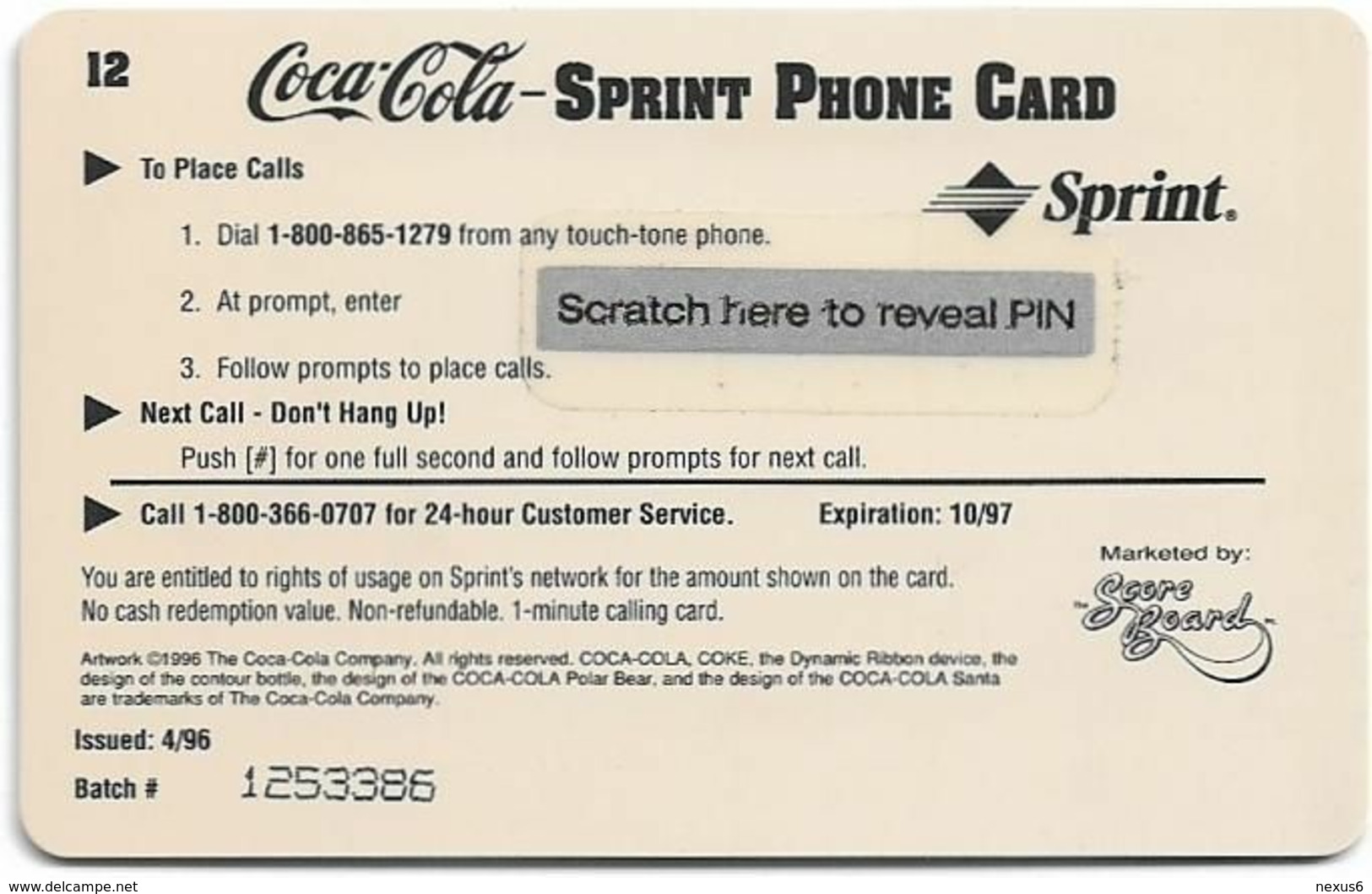 USA - Sprint - Coca Cola Score Board SBI - SBI-682 - Coca Cola #12, Remote Mem. 1$, 04.1996, Mint - Sprint