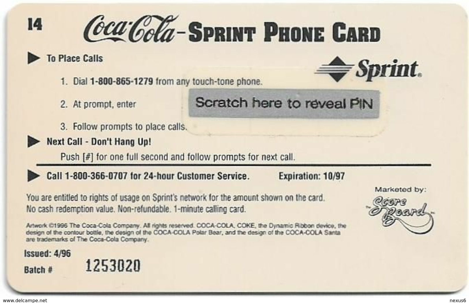 USA - Sprint - Coca Cola Score Board SBI - SBI-684 - Coca Cola #14, Remote Mem. 1$, 04.1996, Mint - Sprint