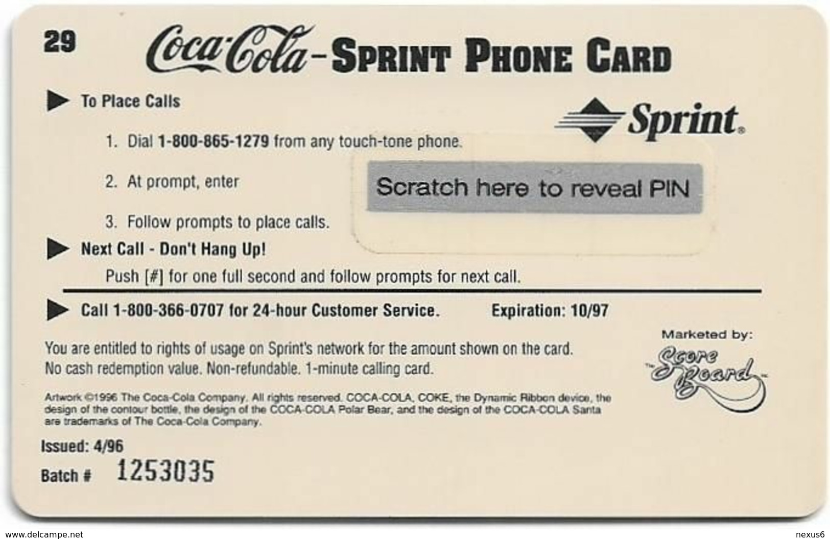 USA - Sprint - Coca Cola Score Board SBI - SBI-699 - Coca Cola #29, Remote Mem. 1$, 04.1996, Mint - Sprint