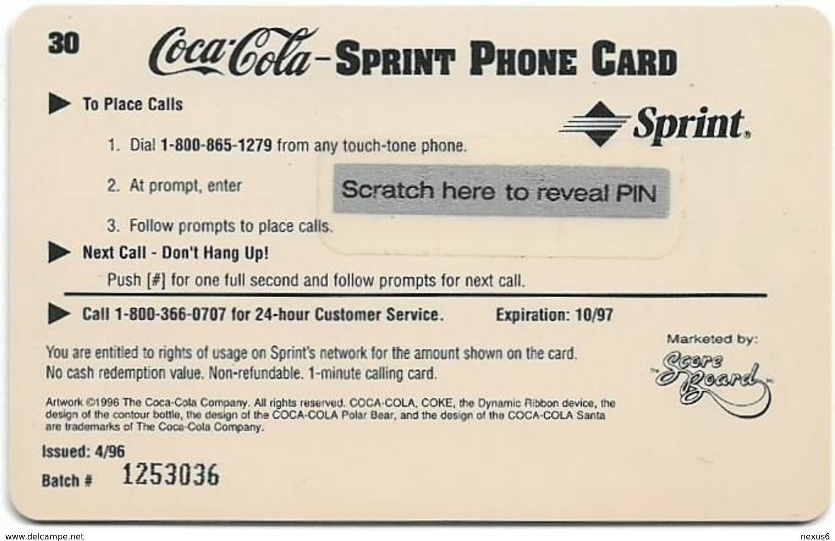 USA - Sprint - Coca Cola Score Board SBI - SBI-700 - Coca Cola #30, Remote Mem. 1$, 04.1996, Mint - Sprint