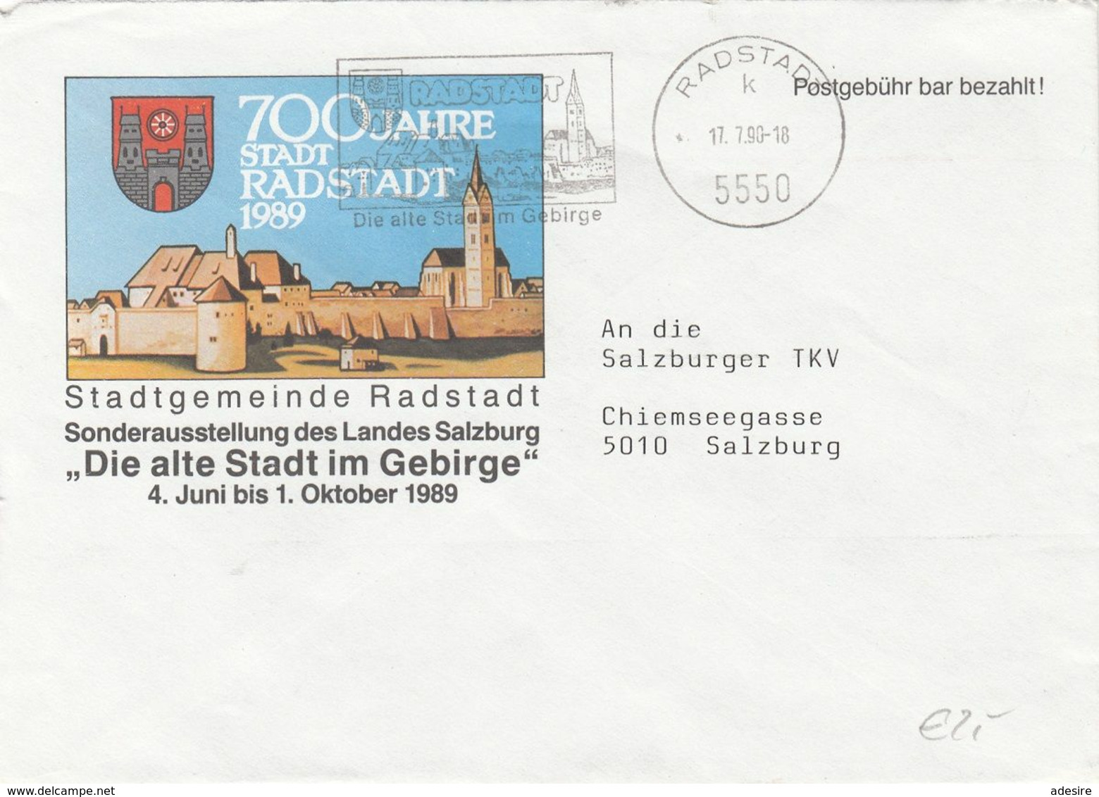 ÖSTERREICH Brief 1990 - Gel.v. Radstadt N. Salzburg, Sonderstempel, Postgebühr Bar Bezahlt - Máquinas Franqueo (EMA)