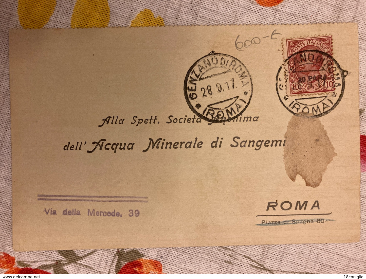 Italia Cartolina Commerciale Viaggiata Da Genzano Per Acqua Minerale Di Sangemini 1917. - Storia Postale