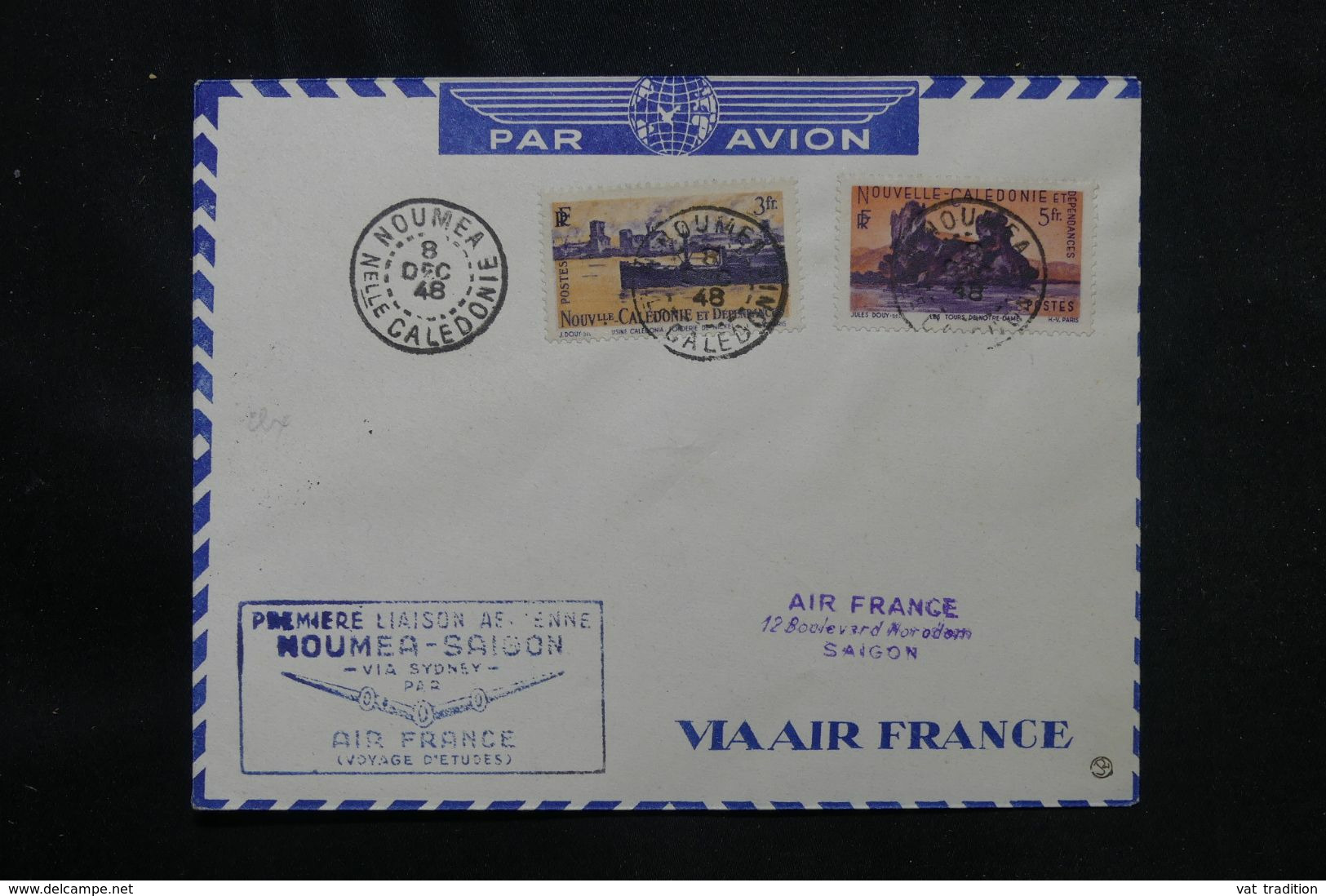 NOUVELLE CALÉDONIE - Enveloppe De La 1ère Liaison Aérienne Nouméa / Saïgon En 1948  - L 69431 - Briefe U. Dokumente