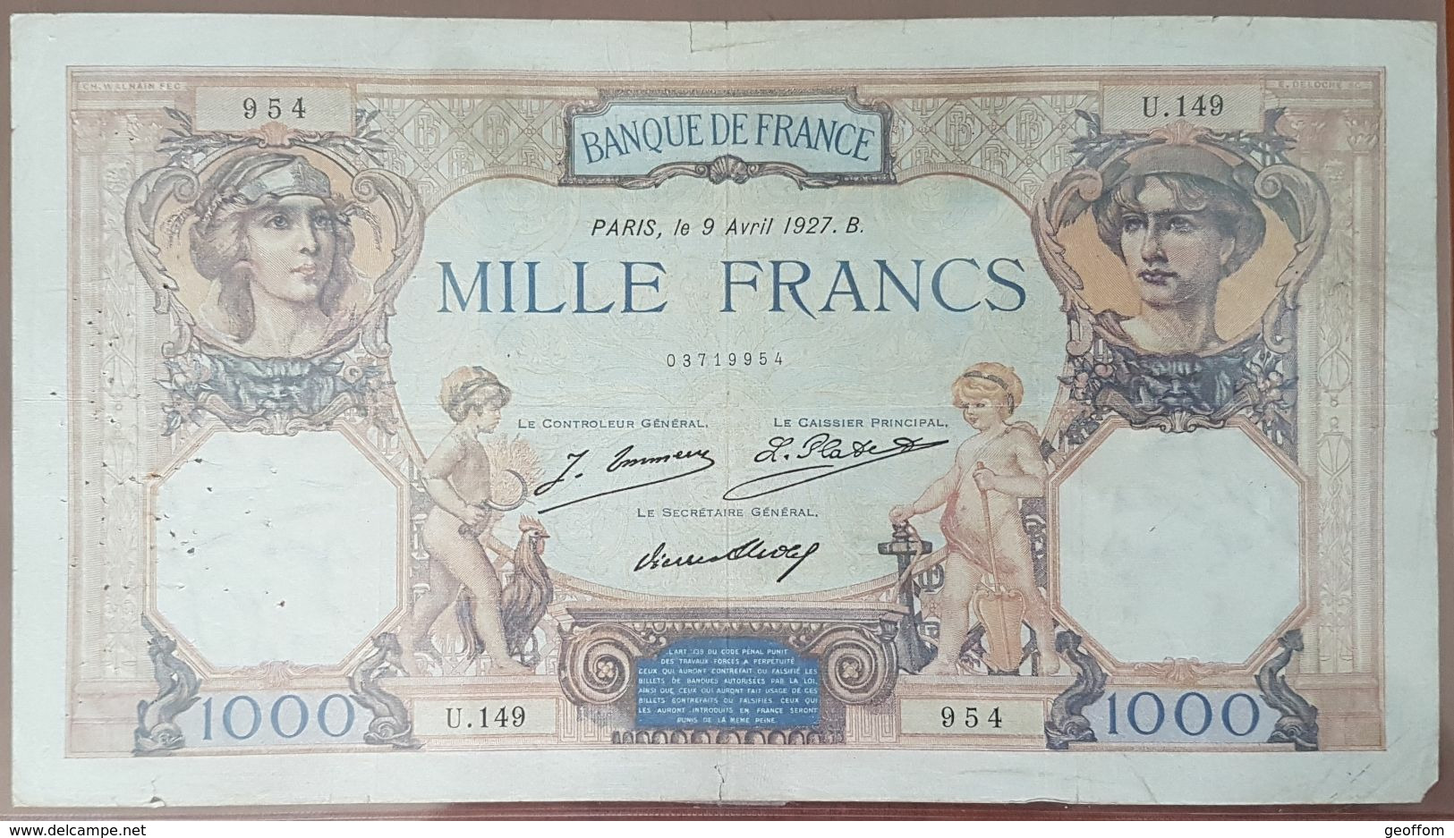 Billet De 1000 Francs CÉRÈS Et MERCURE 9 Avril 1927 FRANCE U.149 - 1 000 F 1927-1940 ''Cérès Et Mercure''