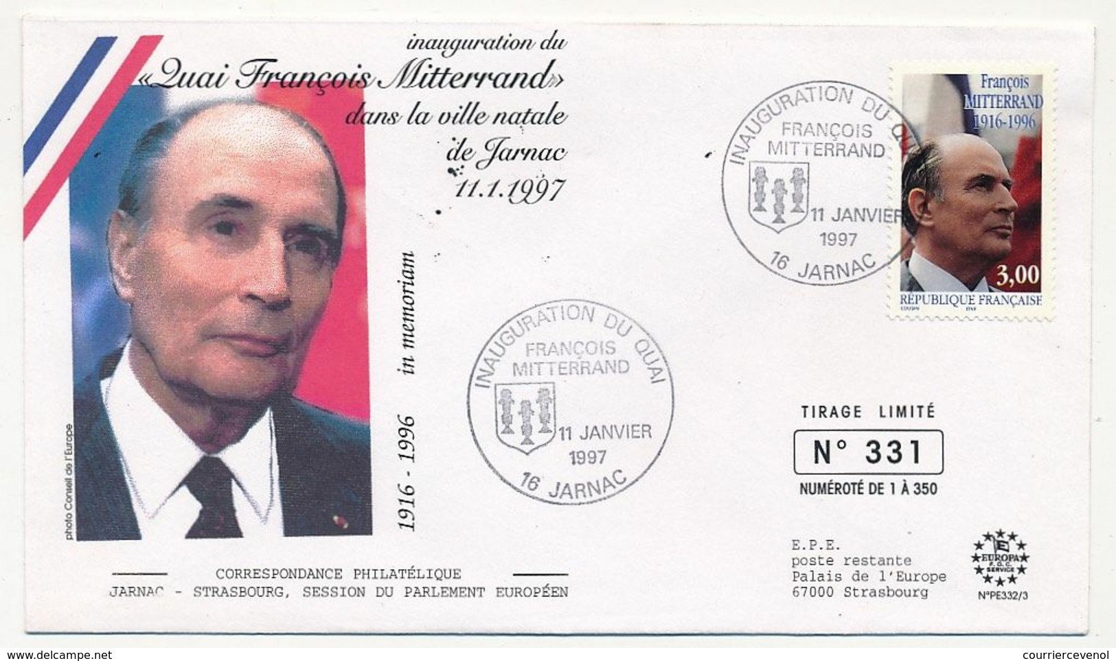 FRANCE - Env. Affr 3,00 François MITTERRAND, Obl "Inauguration Du Quai F. MITTERRAND" 16 Jarnac 11/1/1997 - Cachets Commémoratifs