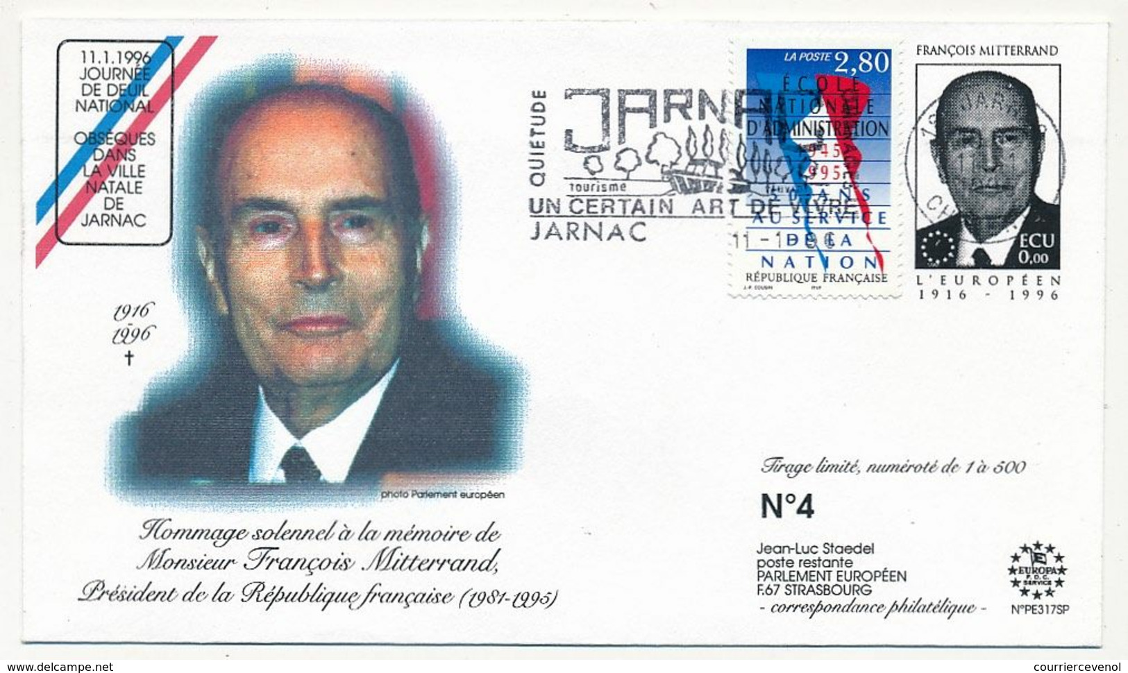 FRANCE - Env. Commémo. François MITTERRAND, Jour Des Obsèques, OMEC Jarnac 11/1/1996 - Lettres & Documents