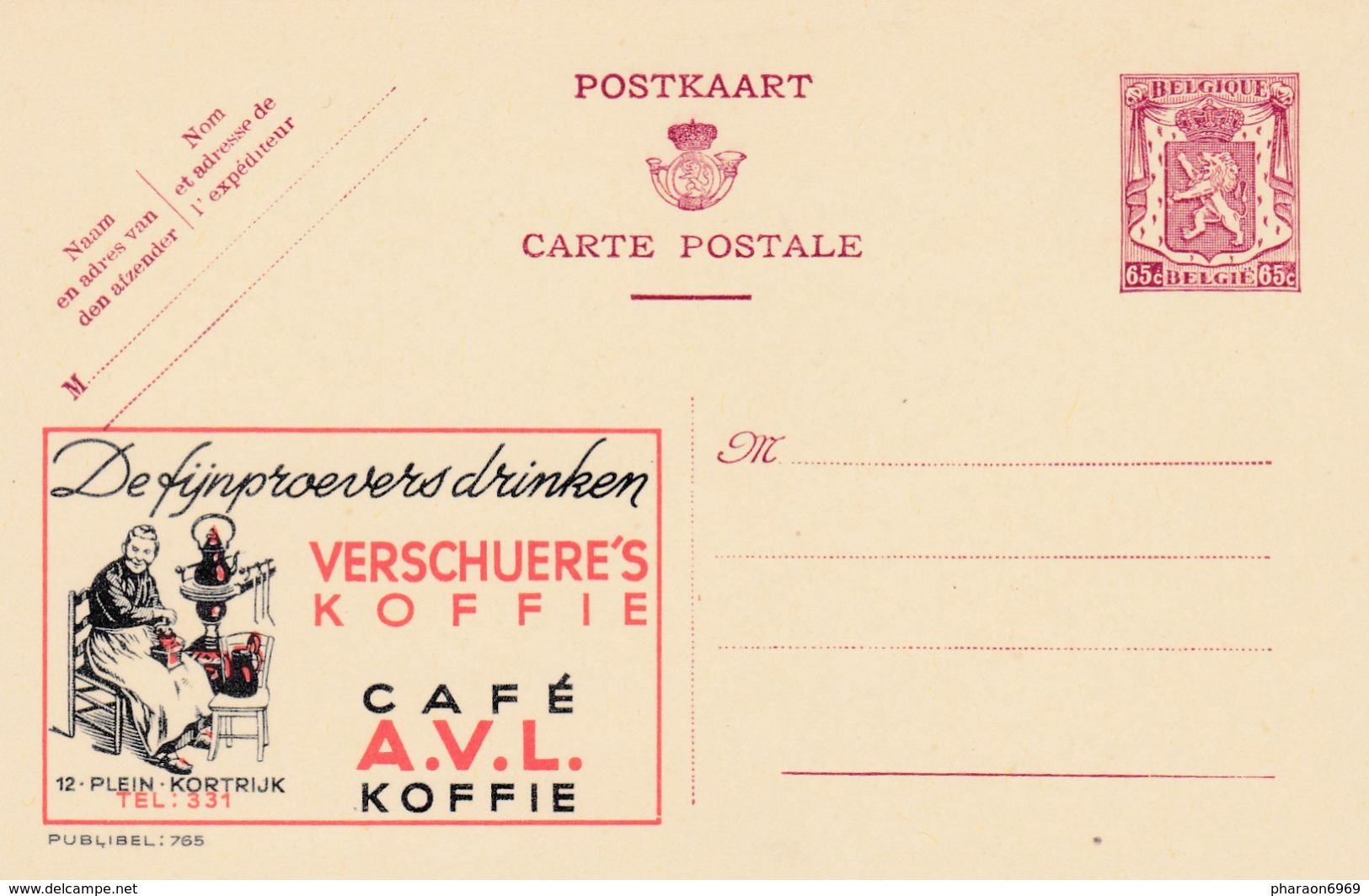 Carte Entier Postal Publibels 765 Verschuere's Koffie Café A.VL. - Werbepostkarten