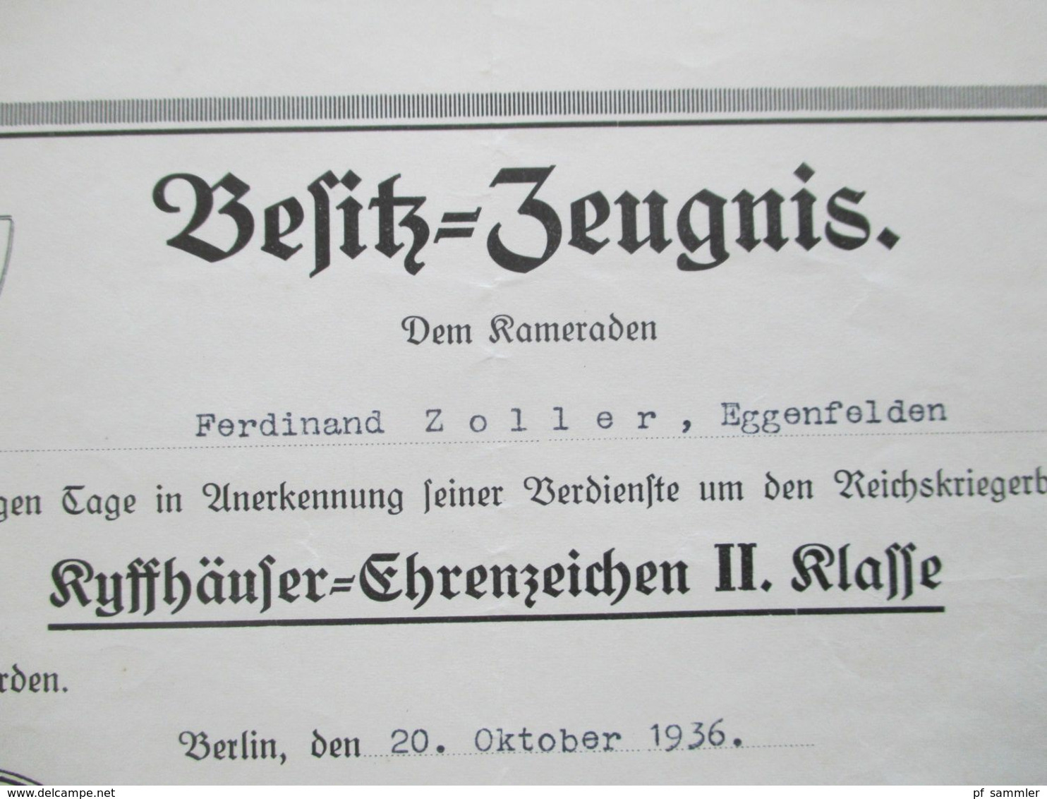 Dokument 3.Reich 1936 Besitz Zeugnis Deutscher Reichskriegerbund Kyffhäuser Ehrenzeichen II. Klasse - 1939-45