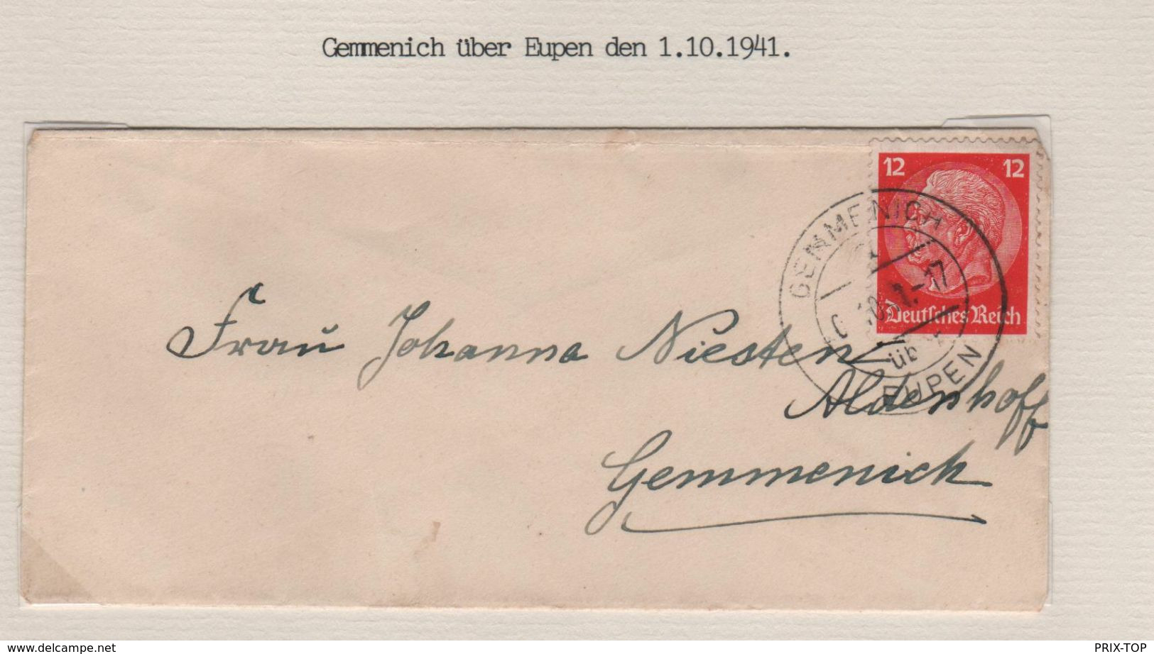 REF1672/ TP 12 Pfg Hindenburg S/L.càp Gemmenich 1/10/91 > E/V - WW II (Covers & Documents)