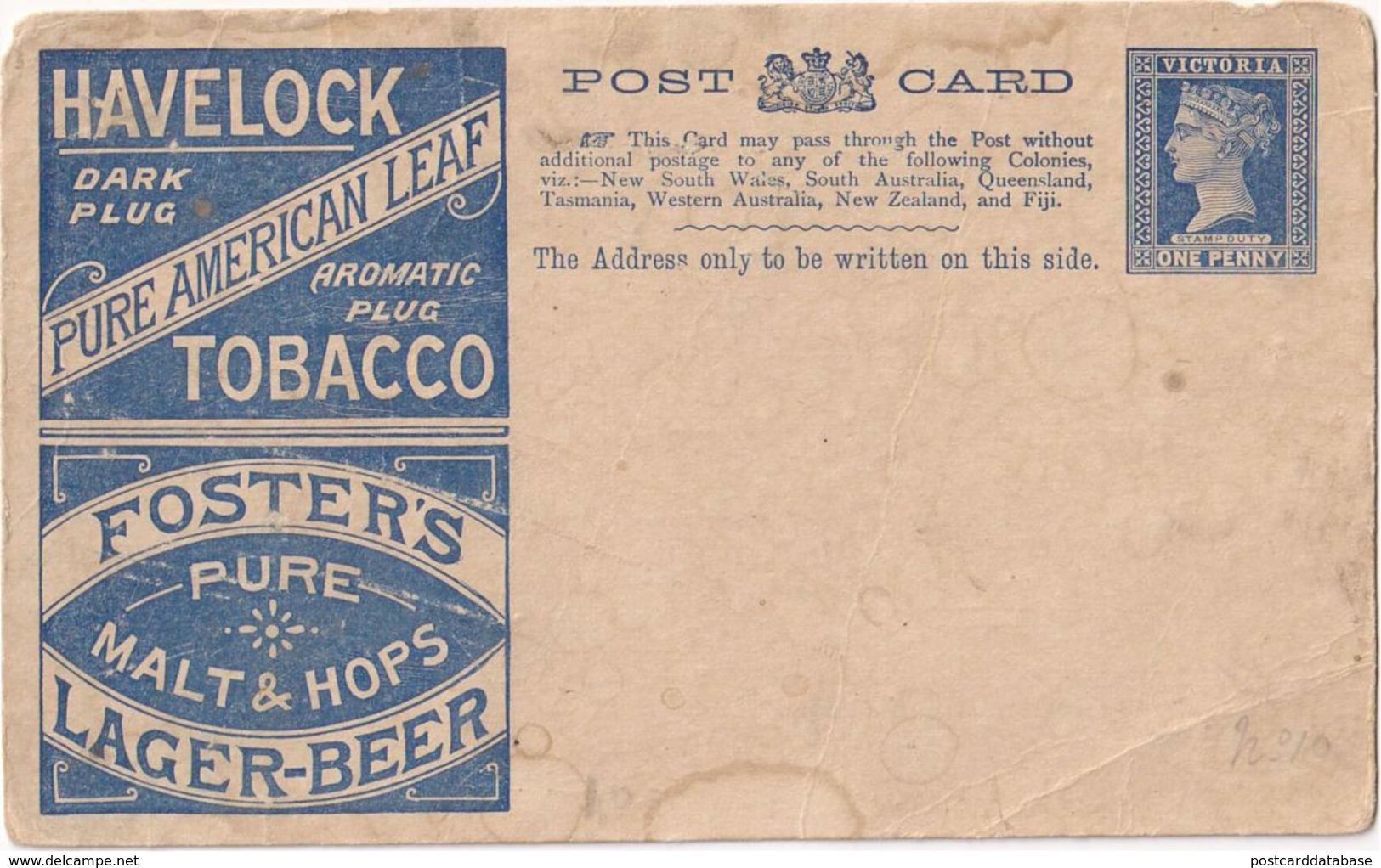 Havelock Tobacco - Foster\'s Lager-Beer - Post Card - Stamped Stationery - Unused - Interi Postali