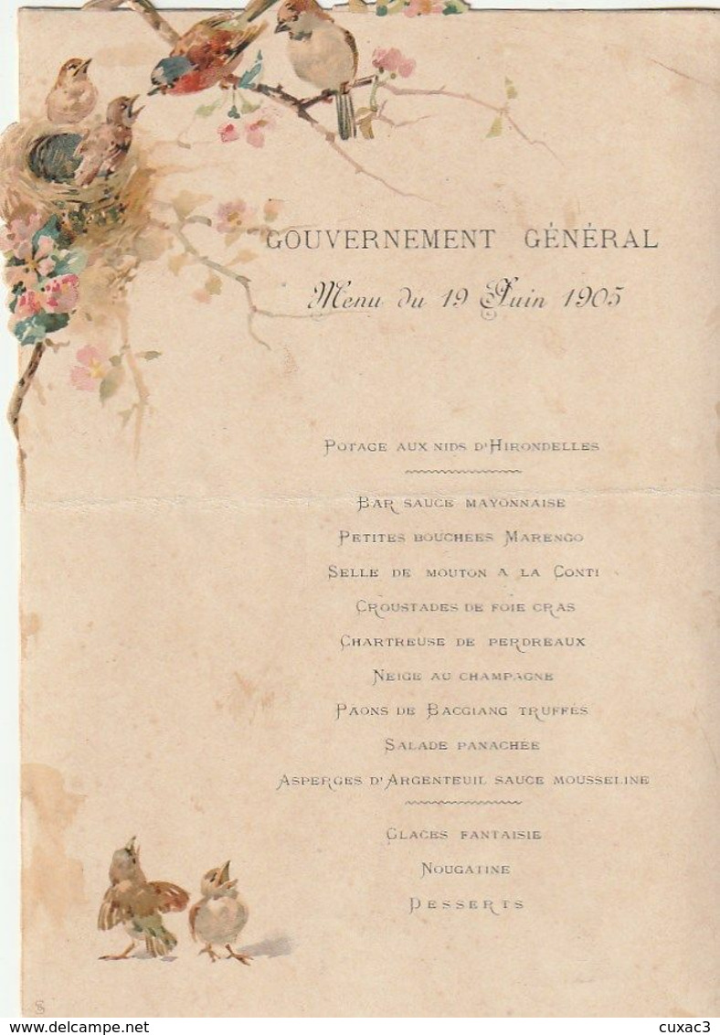 Gouvernement Général - Menu Du 19 Juin 1905 - Menus