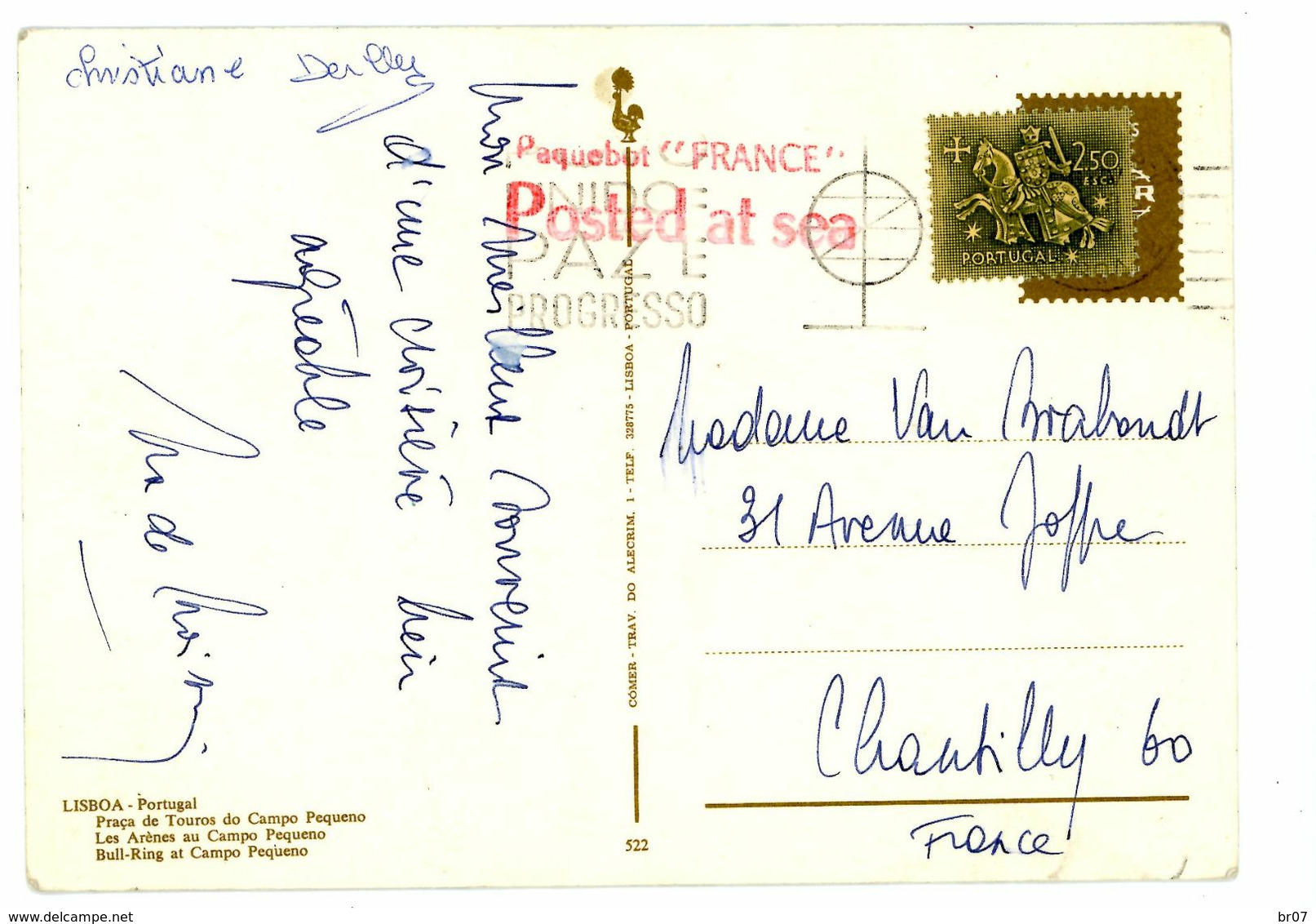 PAQUEBOT FRANCE POSTED AT SEA MIS AU PORTGAL CP => FRANCE - 1961-....