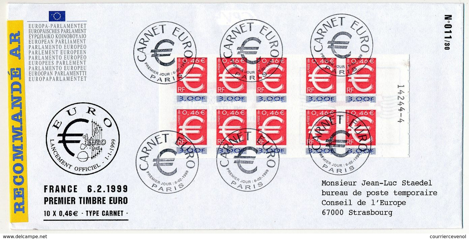 Carnet EURO (10 Timbres) Sur Env. Recommandée R2 - Cachet 1er Jour Paris - 6/2/1999 - Otros & Sin Clasificación
