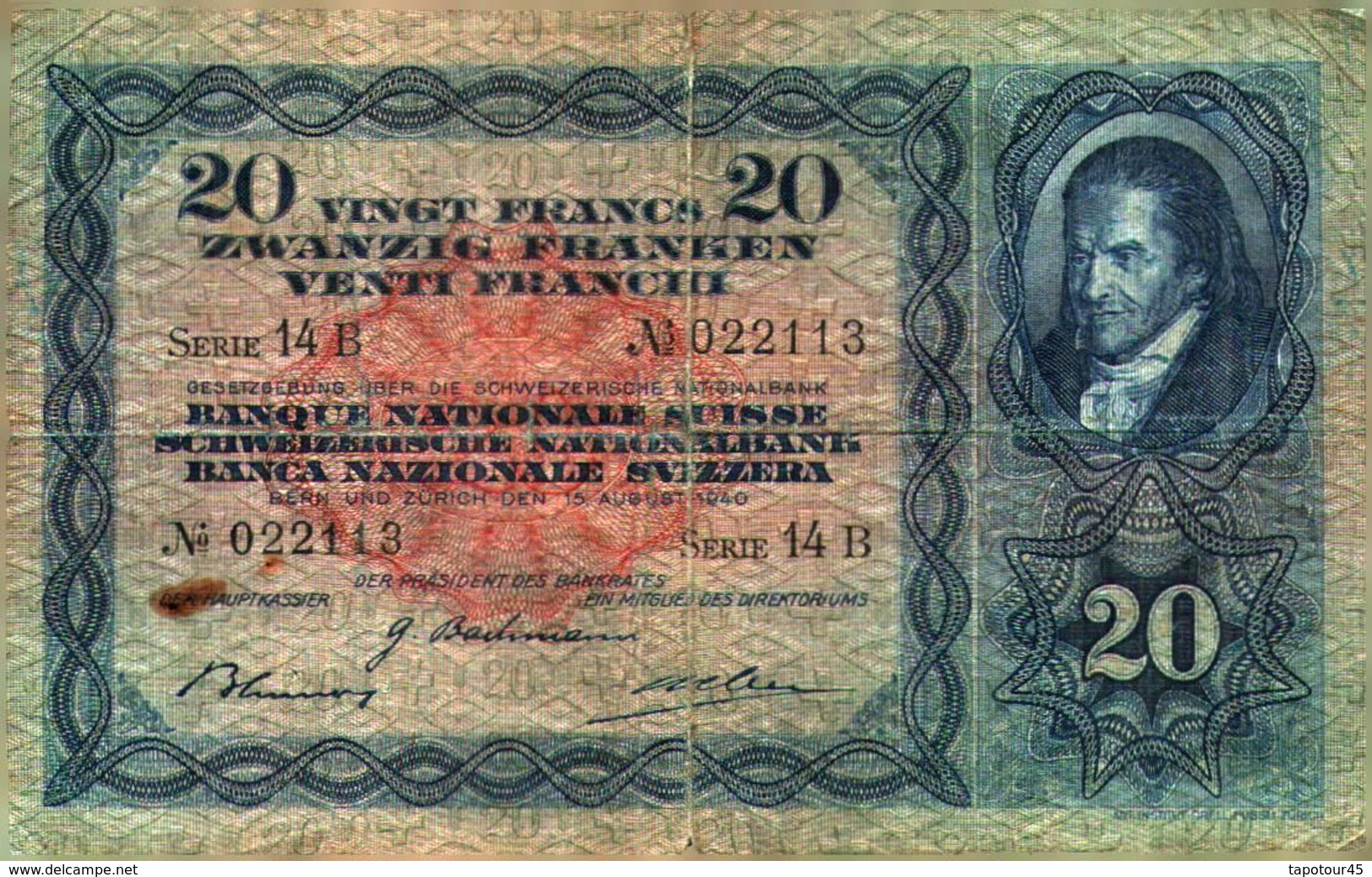 Tapp 1) Billet  > Suisse >  15/08/1940 Série 14 B  / 20 Francs (légère Coupure à La Pliure Du Centre ) - Switzerland