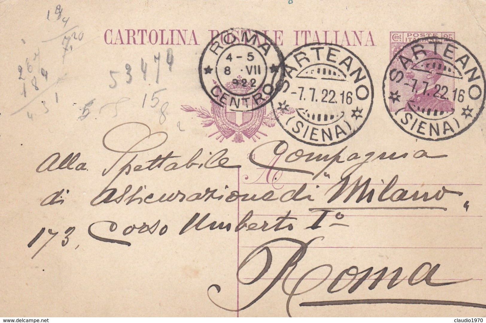 ITALIA - REGNO - SARTEANO (SIENA) INTERO POSTALE C. 25 - VIAGGIATO PER ROMA - Interi Postali