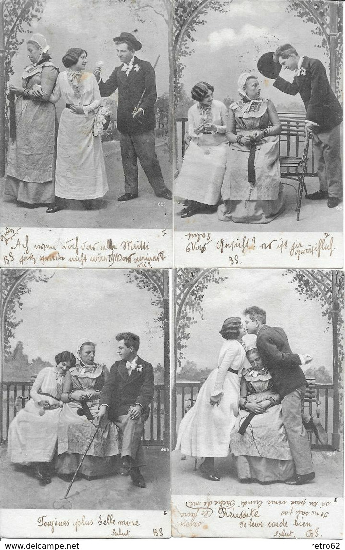 4 HUMORKARTEN → Darstellung / Verlauf Eines Annäherungsversuches Mann & Frau Anno 1903 - Humoristiques