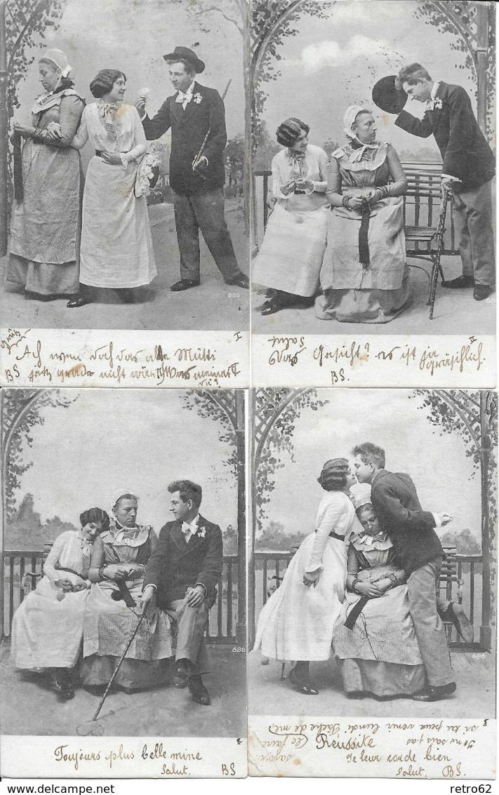 4 HUMORKARTEN → Darstellung / Verlauf Eines Annäherungsversuches Mann & Frau Anno 1903 - Humour