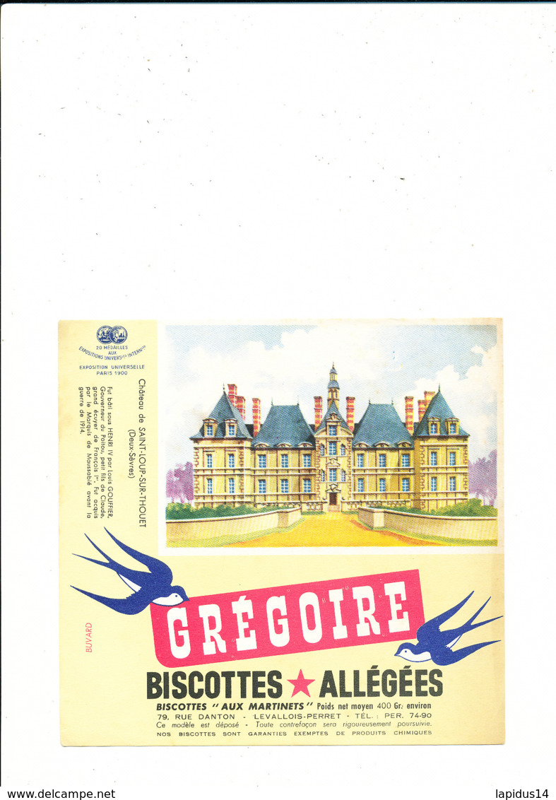 BU 1931 /   BUVARD     BISCOTTES    ALLEGEES     GRINGOIRE  CHATEAU DE  SAINT LOUP SUR THOUET - Biscottes