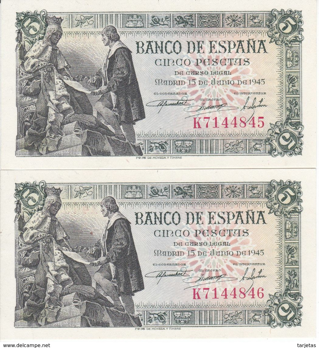 PAREJA CORRELATIVA DE 5 PESETAS DEL AÑO 1945 SERIE K EN CALIDAD EBC+ (XF)  (BANKNOTE) - 5 Peseten