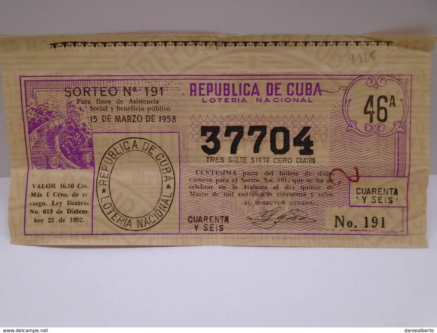 Cuba, Republica De Cuba Loteria Nacional, 15 De Marzo 1958, Sin Circular En Excelente Condiciones. - Timbres Express