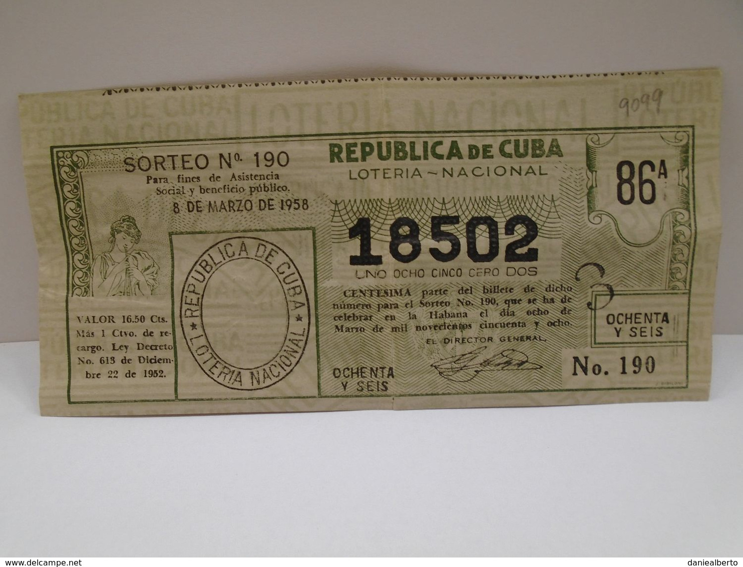 Cuba, Republica De Cuba Loteria Nacional, 8 De Marzo 1958, Sin Circular En Excelente Condiciones. - Impuestos