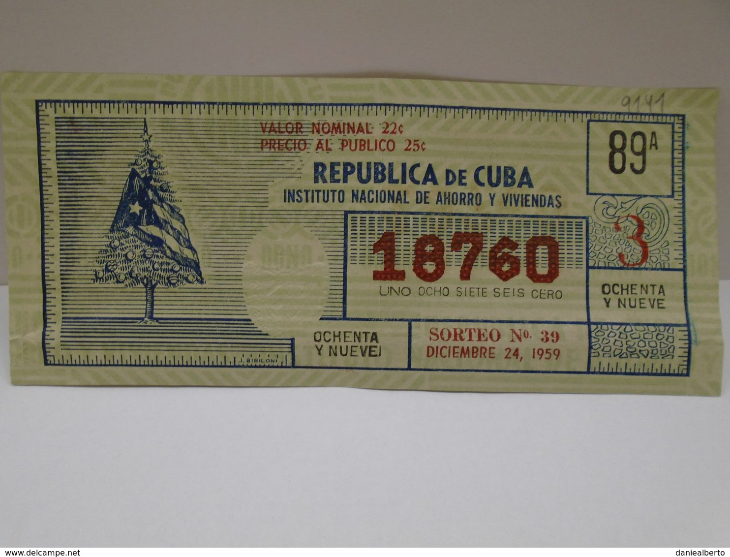 Cuba, Republica De Cuba Loteria Nacional, 24 De Diciembre 1959,  Pascuas En Cuba, Sin Circular En Excelente Condiciones. - Segnatasse
