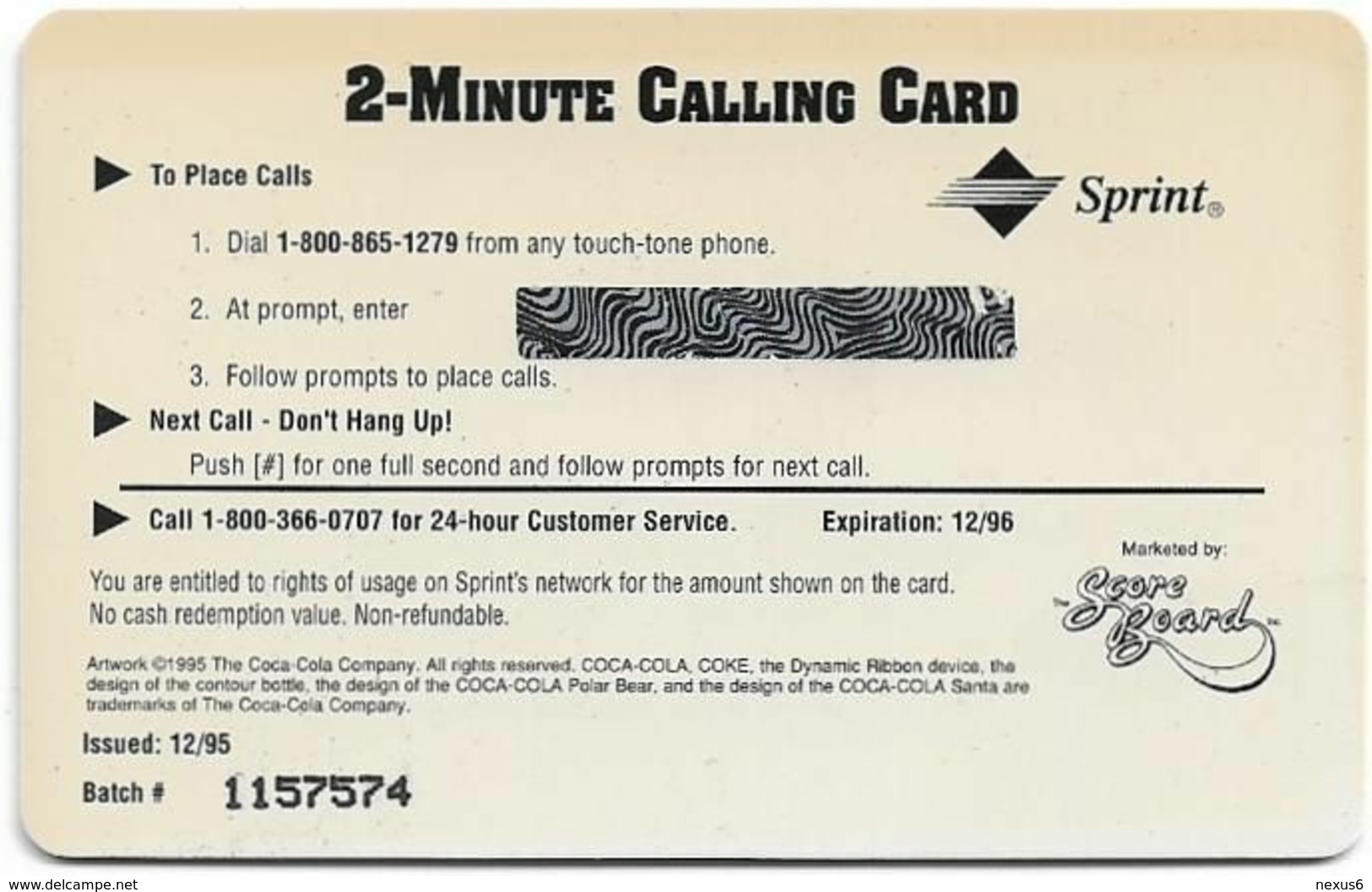 USA - Sprint - Coca Cola Score Board '95 - SBI-442 - Coca Cola Adv. #1, Remote Mem. 2$, 12.1995, 7.100ex, Mint - Sprint