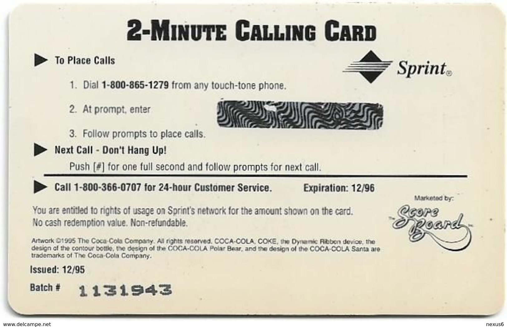 USA - Sprint - Coca Cola Score Board '95 - SBI-446 - Coca Cola Adv. #5, Remote Mem. 2$, 12.1995, 7.100ex, Mint - Sprint