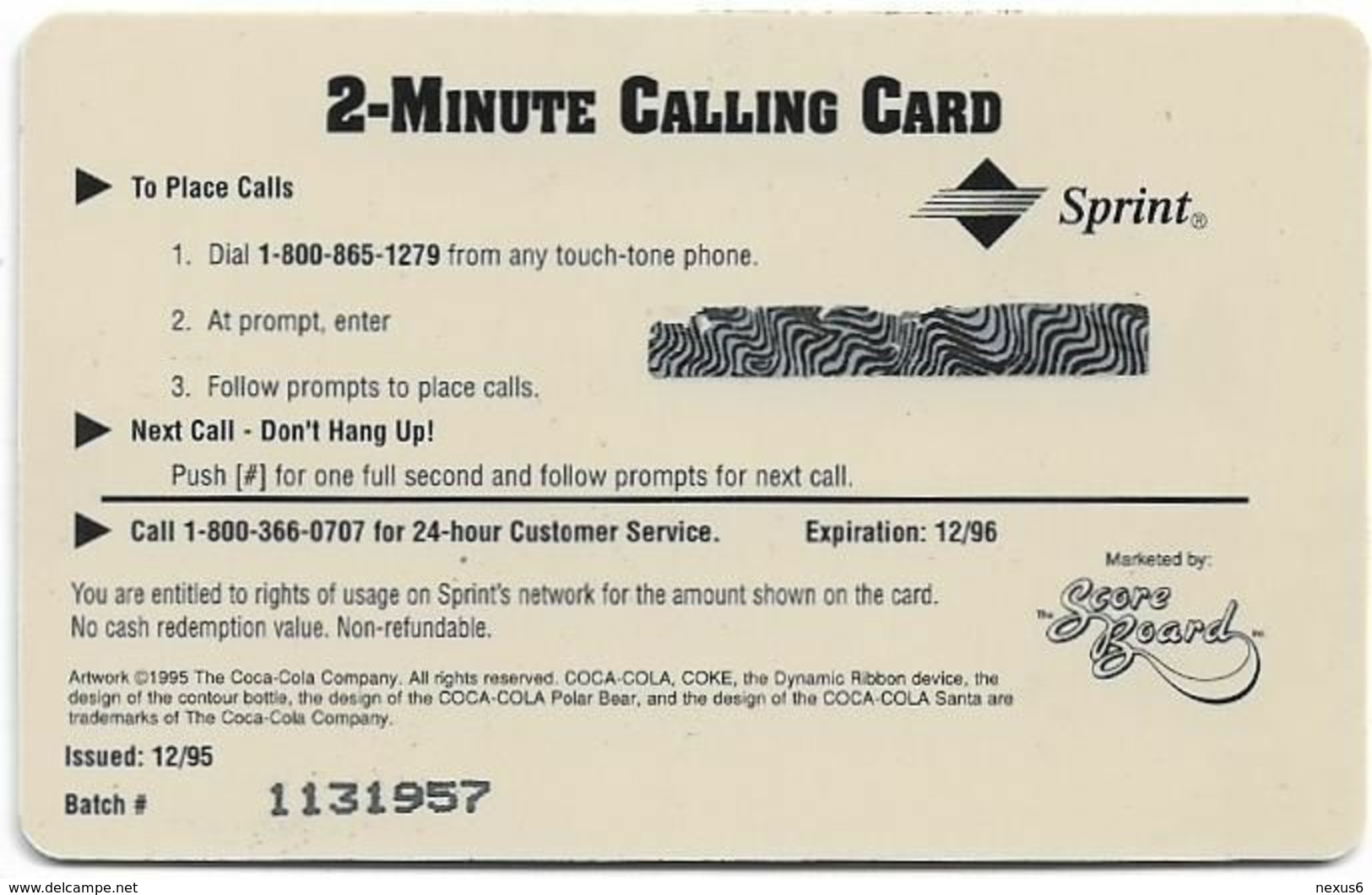 USA - Sprint - Coca Cola Score Board '95 - SBI-450 - Coca Cola Adv. #9, Remote Mem. 2$, 12.1995, 7.100ex, Mint - Sprint