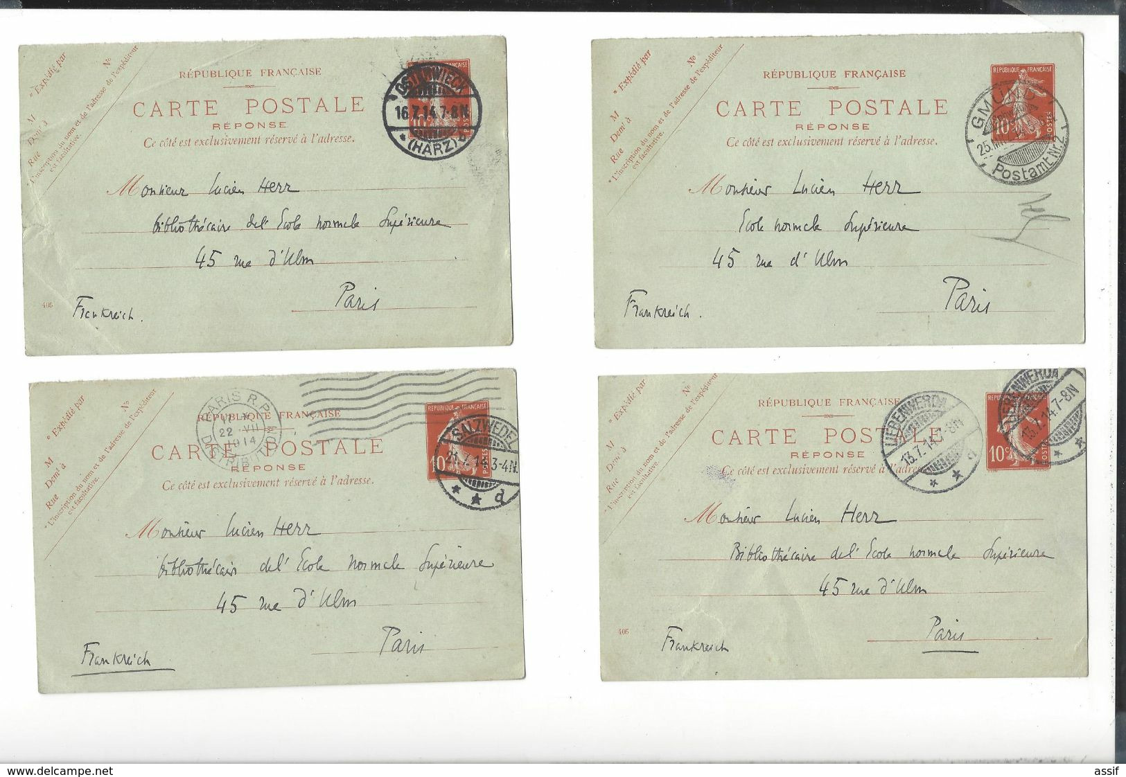 4 Correspondants Allemands De Lucien Herr ( 1914 ) Gmund Salzwedel  Liebenwerda Ostenwieck  Semeuse Cachet Allemand - Lettres & Documents