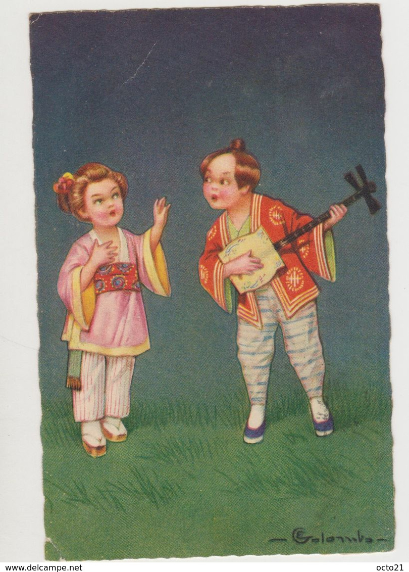 Carte Fantaisie Signée E.Colombo / Enfants Musiciens Habillés En Costume Traditionnel Japonais - Other & Unclassified