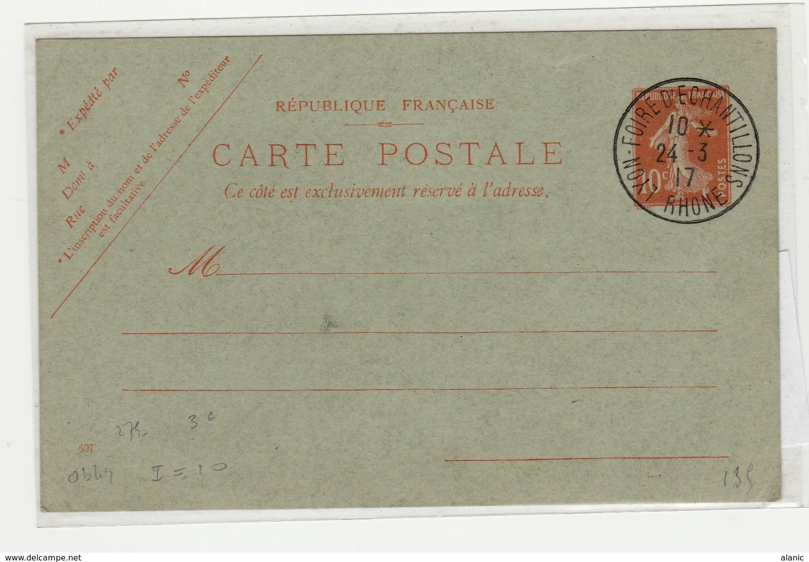 Cachets Provisoires ENTIER 138-CP1 -FOIRE DES ECHANTILLONS LYON 1917///- 24-3-17 - Bolli Provvisori